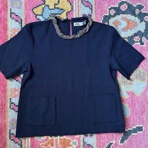 Zara Dark Blue Blouse with Jeweled Collar